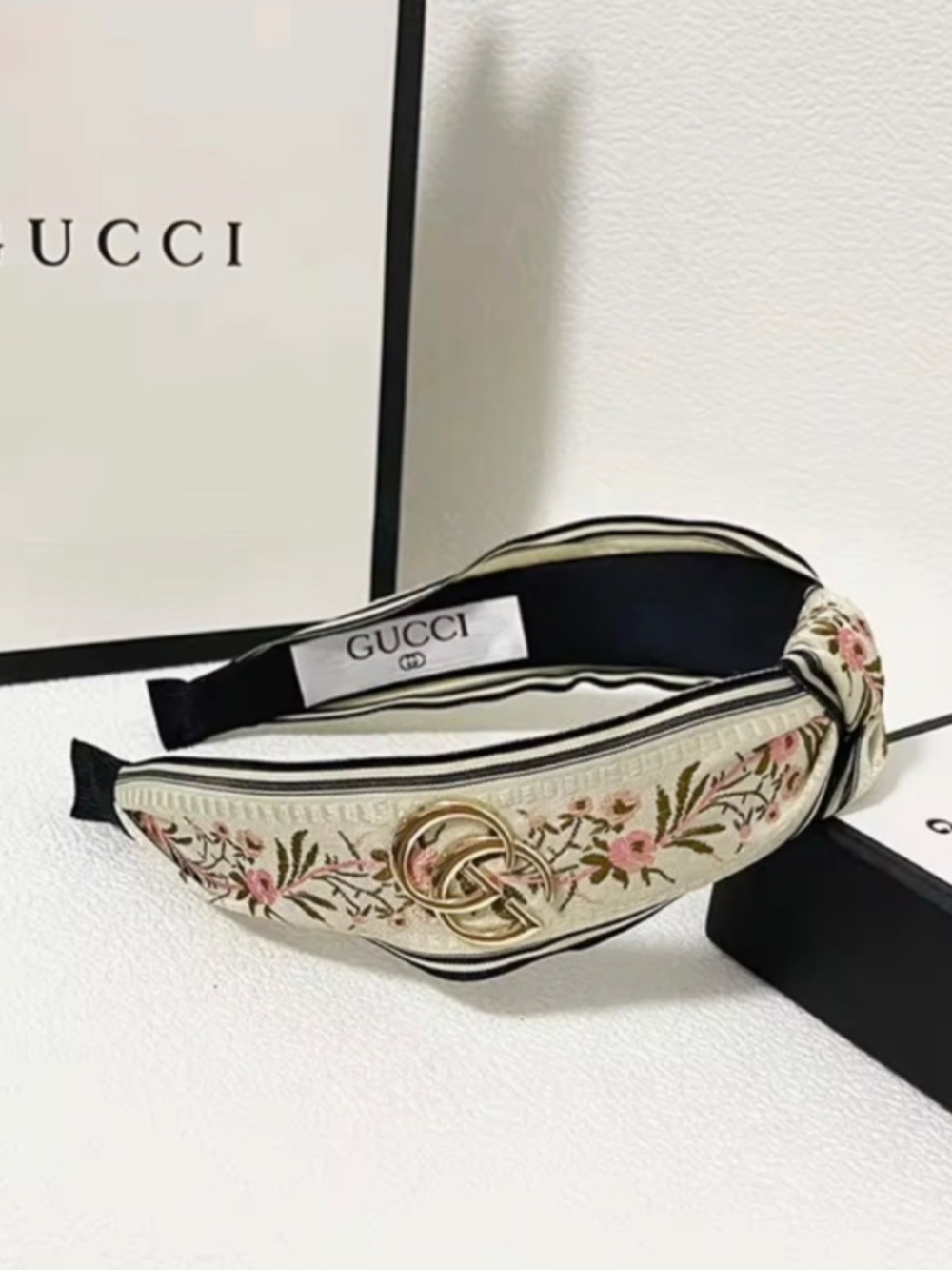 White Embroidery Headband with Gold Accents